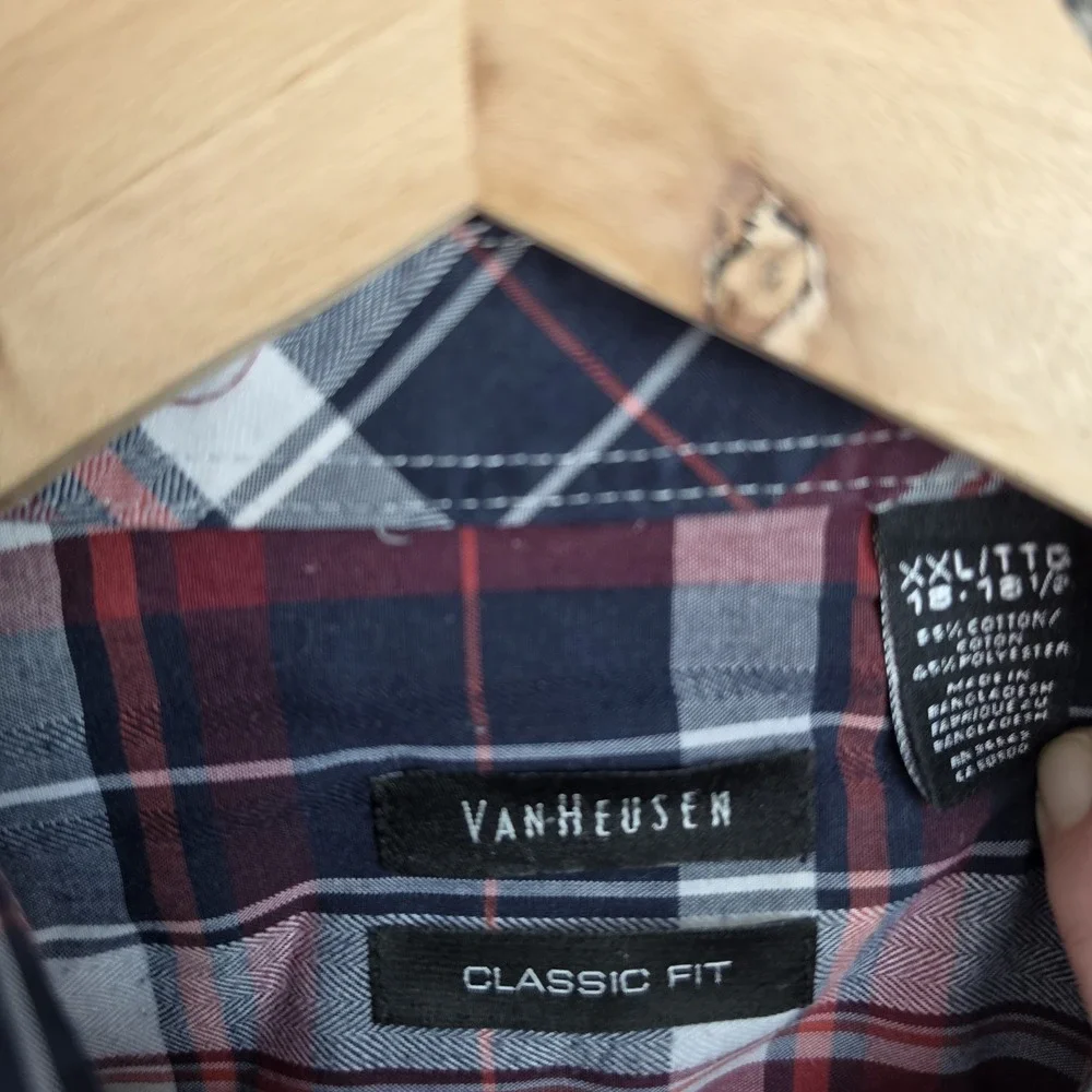 Van Heusen Dress Shirt Mens 18-18.5 XXL 2XL Blue Plaid Button Classic Fit Career